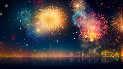 Happy New Year, burning fireworks with bokeh light background