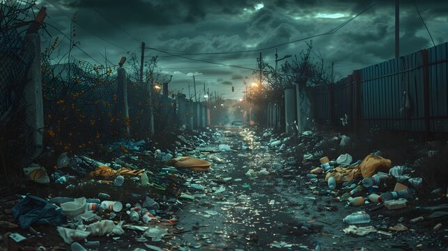 Aftermath of Consumerism Apocalyptic Alleyway Filled with Trash Under a Stormy Night