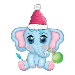 Cute cartoon elephant, childish character with beautiful eyes wearing santa hat, scarf, holding gift, christmas ball