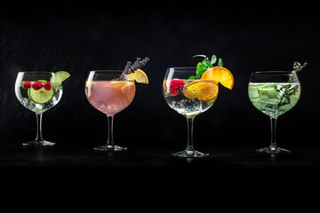 Fancy cocktails with fresh fruit, herbs, and flowers. Gin and tonic drinks with ice at a party, a variety, on a black background - 755792722