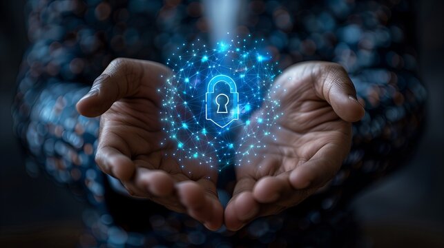 Man hand holding digital Lock, blue hologram of cyber securities.