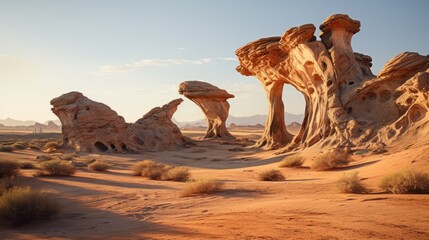 A desert landscape with unique, otherworldly rock formations