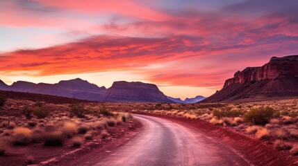 Naklejka premium A desert road with a fiery, red pink sunrise
