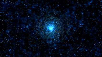 Abstract digital whirlpool of glowing particles on dark background. Circular movement of shiny fragments levitating around. Artificial, technology, wormhole, sci fi, magician.