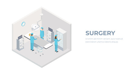 Vector isometric low poly hospital operating room. Includes operating table, x-ray scanner, anesthesia machine and other equipment.