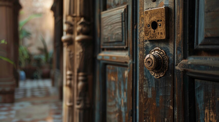 Fototapeta premium Ancient wooden door with old door handle and door lock