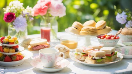 A garden tea party table with dainty sandwiches and desserts - obrazy, fototapety, plakaty