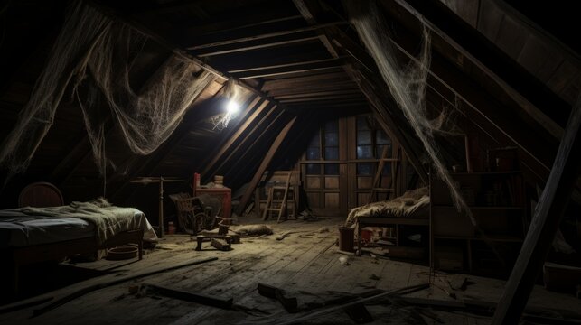 A haunted attic with cobwebs and old furniture