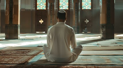 Man in white clothing meditating in a sunlit mosque interior. peaceful, spiritual atmosphere captured in a contemplative moment. serene worship setting. AI