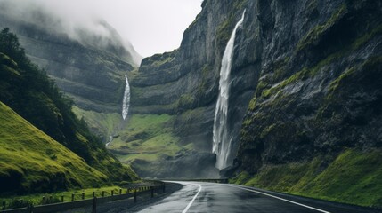 A mountain road with towering cliffs and waterfalls