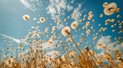 Sunny day captured through dandelions in full bloom. low angle view of a blue sky with fluffy seed heads. nature's beauty highlighted by photography. AI
