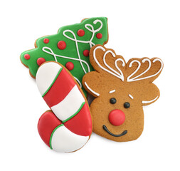 Different tasty Christmas cookies isolated on white, top view