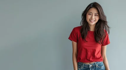 Möbelaufkleber Asian woman wear red t-shirt smile laugh out loud isolated © Aris