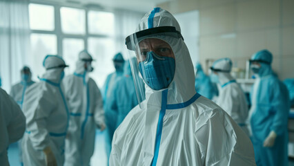 A healthcare worker in full PPE stands among colleagues, the frontline defense in a pandemic.