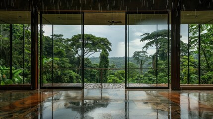 large panoramic windows overlooking the jungle, focus on large raindrops 