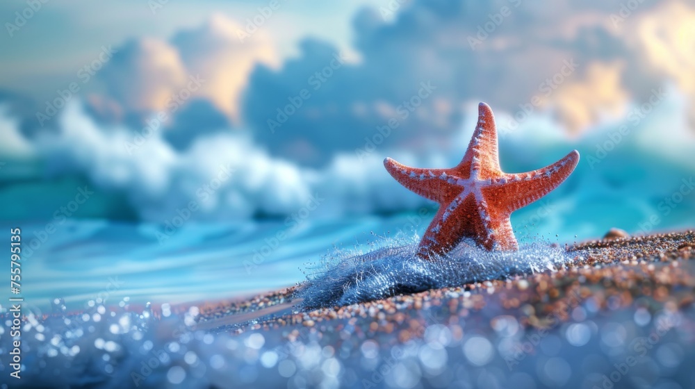 Canvas Prints a starfish on the beach with waves in front of it, ai