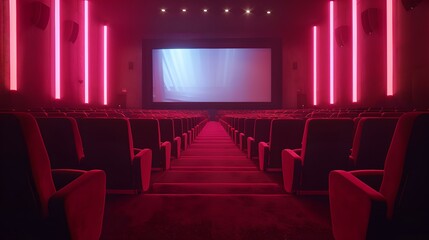 Fototapeta premium Empty movie theater interior with red seats and illuminated aisles, modern cinema hall ready for audience. stylish cinema empty hall waiting for moviegoers. AI