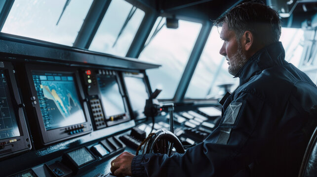 A ship captain navigates a vessel with focus amidst technological surroundings.
