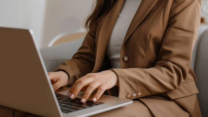 Professional woman typing diligently on her laptop, focused and businesslike.