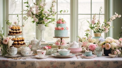 Fototapeta na wymiar A vintage inspired tea party table with tiered cakes