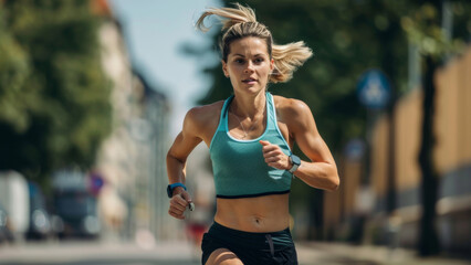 Determined female runner sprinting on a city street, embodying fitness and perseverance.