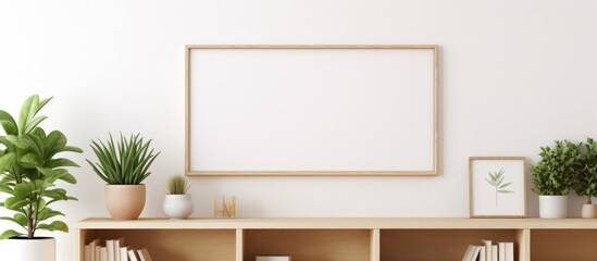 Mock-up in wooden frame in Scandinavian-style interior with green plant, bird, books, and shelf on neutral-white wall background.