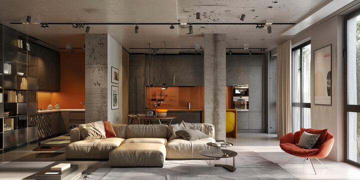Apartment studio interior in Bauhaus style.