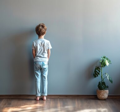 A child in a sunlit room stands facing away, the solitary stance suggesting a time-out. A single plant adds a touch of life to the serene atmosphere of contemplation.