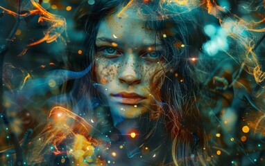 Fototapeta na wymiar A young woman's face emerges from a mystical forest, surrounded by a swirl of glowing particles and vibrant colors. The image is enchanting and otherworldly.