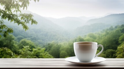 Coffee cup held against a scenic window view, merging comfort and nature