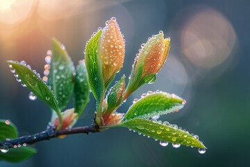 morning dew awakening on fresh green plants with bokeh background,