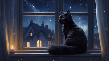  A furry black cat is near the window