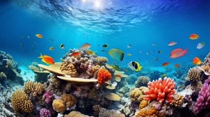 Naklejka na ściany i meble Diverse coral reefs teeming with colorful marine life