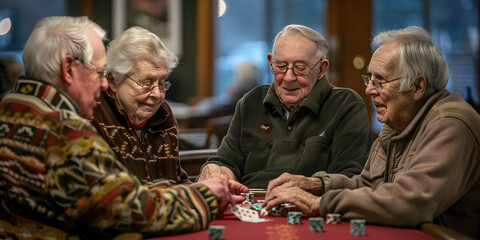 Group of seniors playing cards in the retirement house - obrazy, fototapety, plakaty