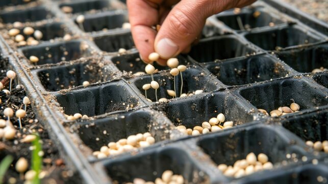 photo, hand sows tomato seeds in trays for sowing, hand close-up