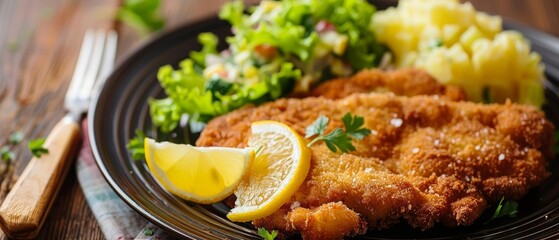 Delicious breaded fried fish served with lemon, fresh salad, and boiled potatoes on a dark plate.