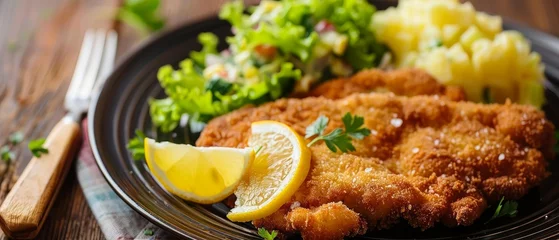 Fotobehang Delicious breaded fried fish served with lemon, fresh salad, and boiled potatoes on a dark plate. © Artsaba Family