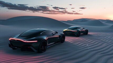 Fototapeta na wymiar Futuristic electric cars cruising on desert dunes at sunset. concept vehicles and modern design in a serene landscape. innovation and style in motion. AI