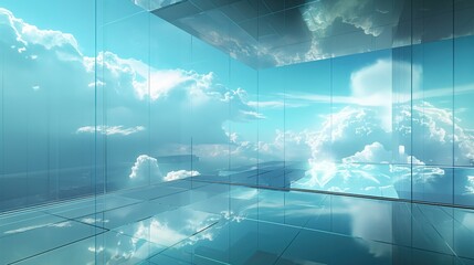 Glass geometric shapes and cloudy sky hi-tech background. Generative AI