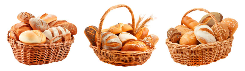 Set of fresh bread with a golden crust in a basket isolated on a white or transparent background. Side view of an overflowing baskets of crusty bread from a bakery.
