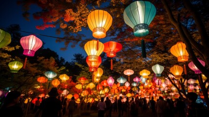 Glowing lanterns lighting up a night festival - obrazy, fototapety, plakaty