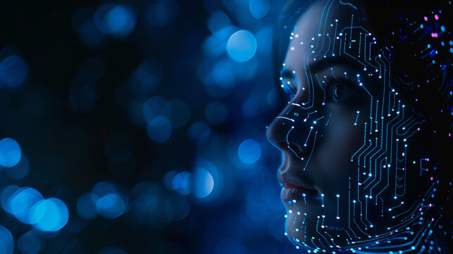 Image blue glowing circuit board projection overlaid on half face beautiful woman on dark background with free space, copy space.