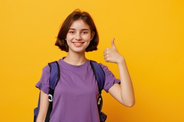 photo of short haired european student with backpack, standing half-turned, in violet t-shirt, 