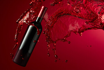 Bottle of red wine and splash on a dark red background.