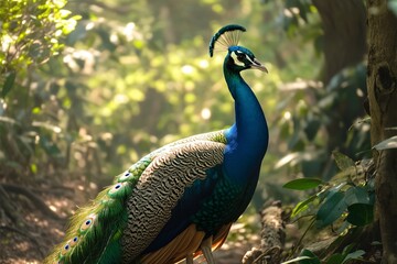 Obraz premium Elegant peacock stands in the midst of natural surroundings