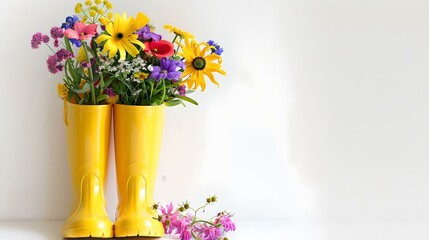 Bright yellow rain boots repurposed as a vase filled with colorful wildflowers. creative home decor idea. cheerful and playful image for various design needs. AI