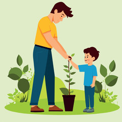 dad, son, tree, plant, nature, earth, vegetable garden, water