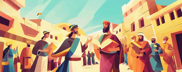 abstract passover story haggadah book. Mozes ordering let my people go out of Egypt. vector and illustration - obrazy, fototapety, plakaty