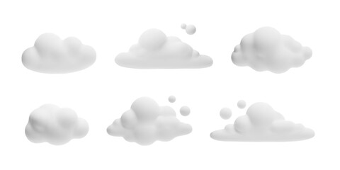 Set of white 3d cloud icons, vector cartoon weather forecast cloudy symbol, realistic design elements plasticine texture