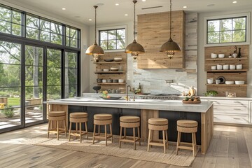 interior design of a modern farmhouse kitchen with wooden cabinets and floating shelves style photography